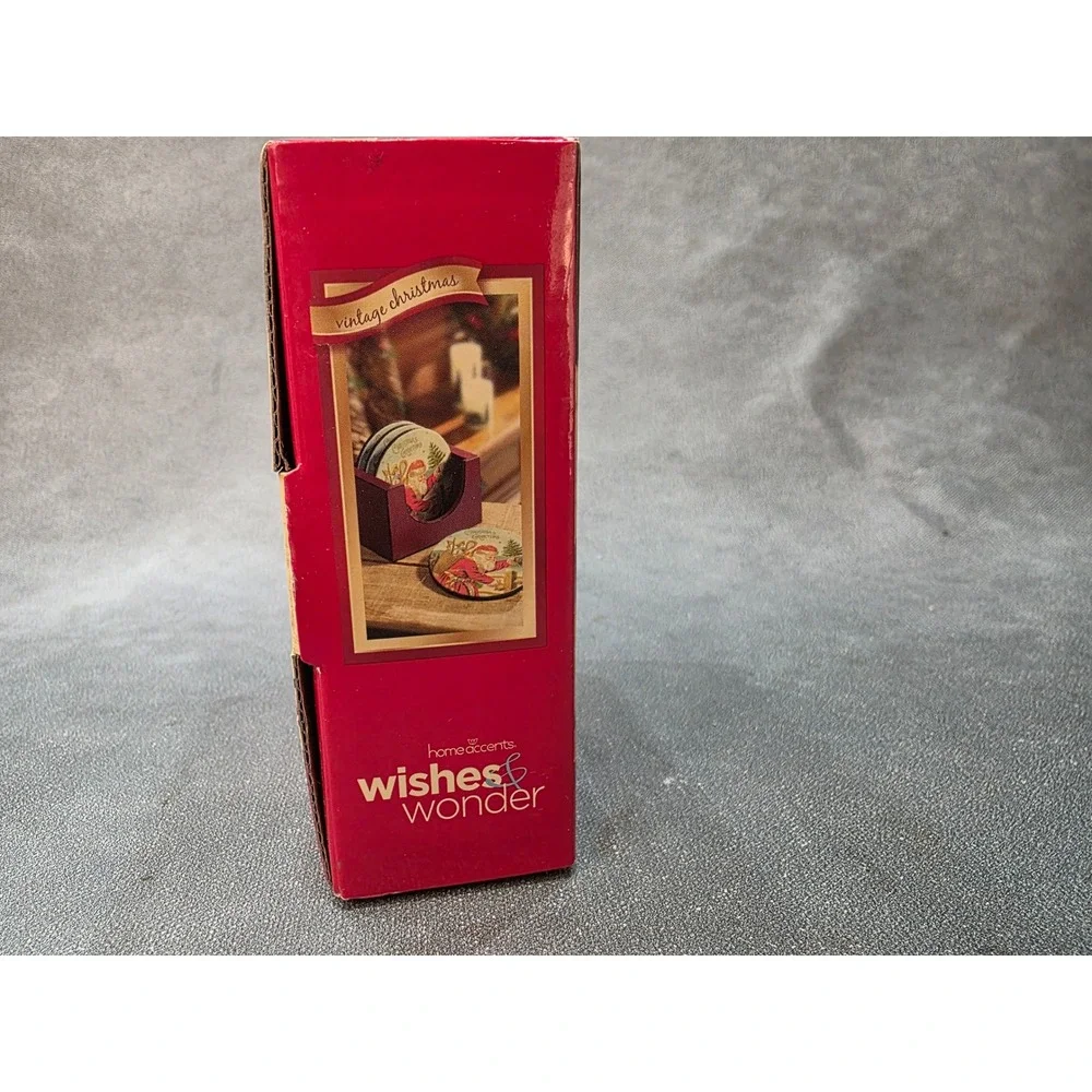 Home Accents Wishes & Wonder Vintage Christmas 5 Piece Coaster & Caddy Set NEW